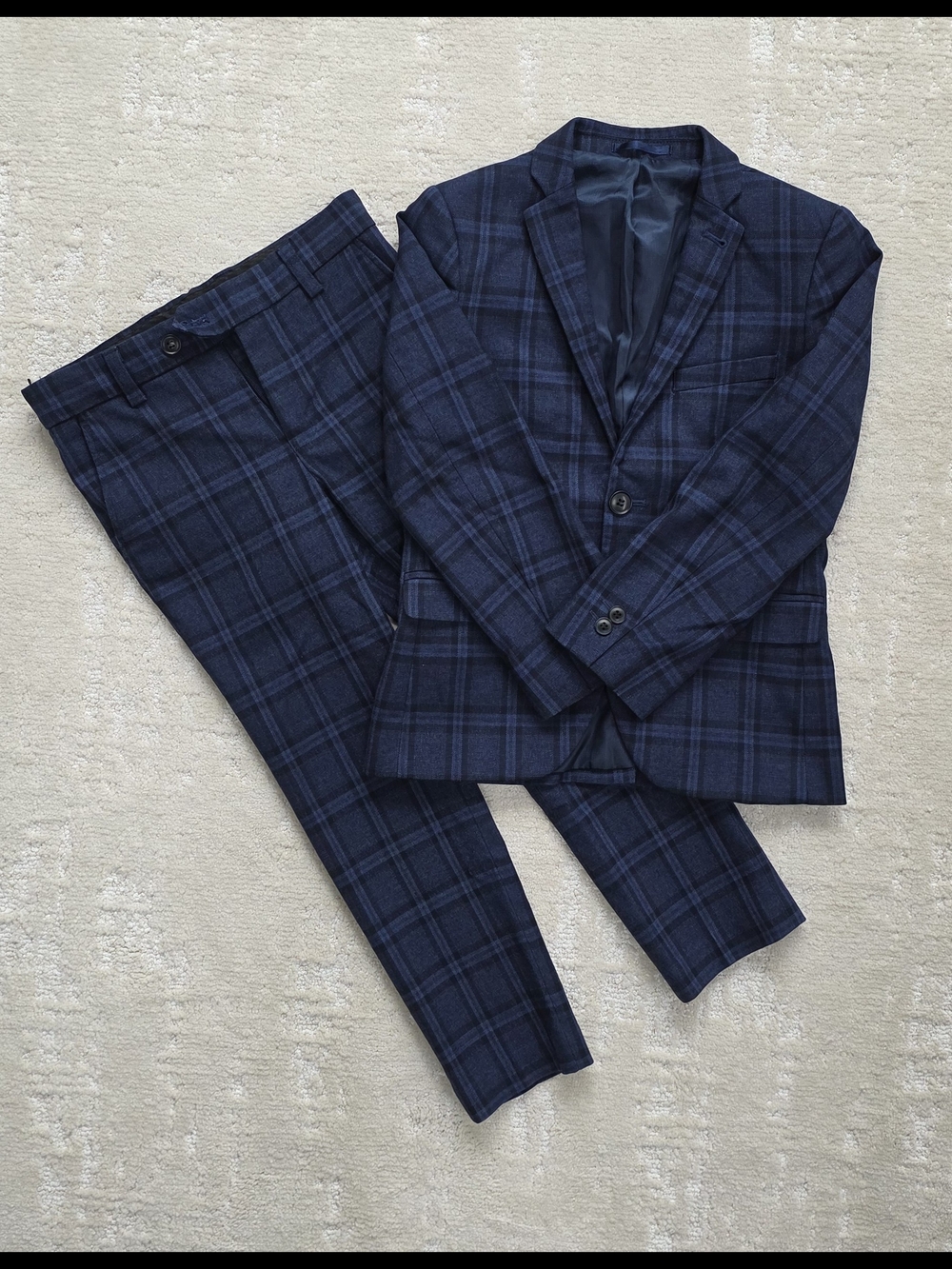 Next Boy's Dark Blue Windowpane Plaid Suit Jacket & Trousers